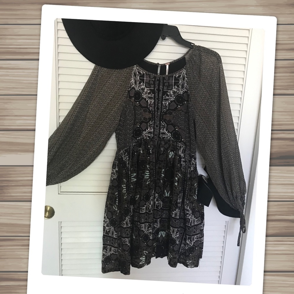 Free People Sheer Sleeves Keyhole Cutout Dress